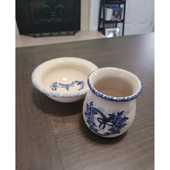 Marshall Pottery Texas, Casey Pottery, Yesteryear Heart Wreath, Spongeware Set - Picture 3 of 9